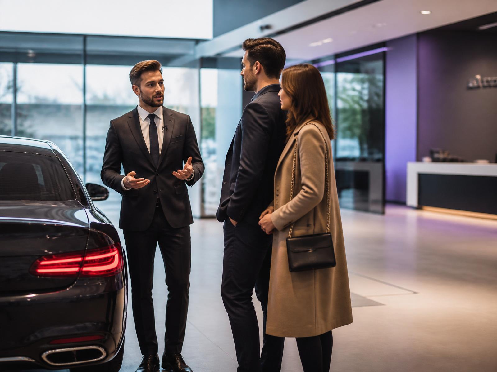 Sales consultant speaking with customers beside a premium vehicle in a modern dealership