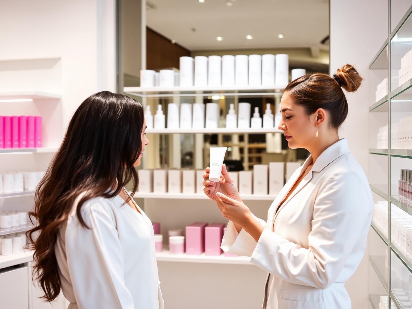 Beauty consultant showing a skincare product to a customer in a premium cosmetics boutique