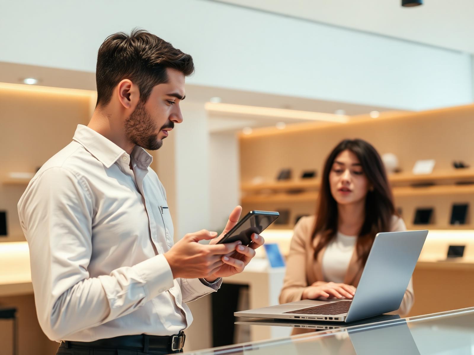 Sales consultant explaining a premium smartphone to a customer in a modern electronics showroom