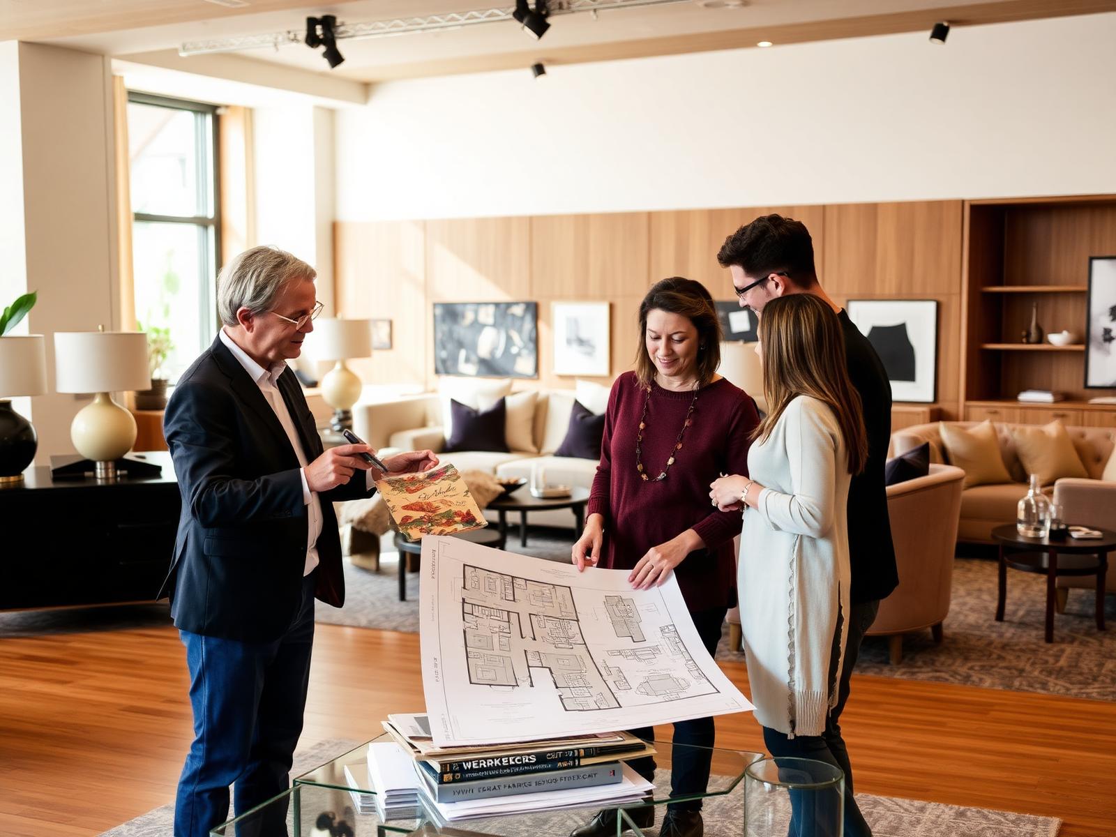 Interior design consultant reviewing a floor plan with customers in a contemporary furniture showroom