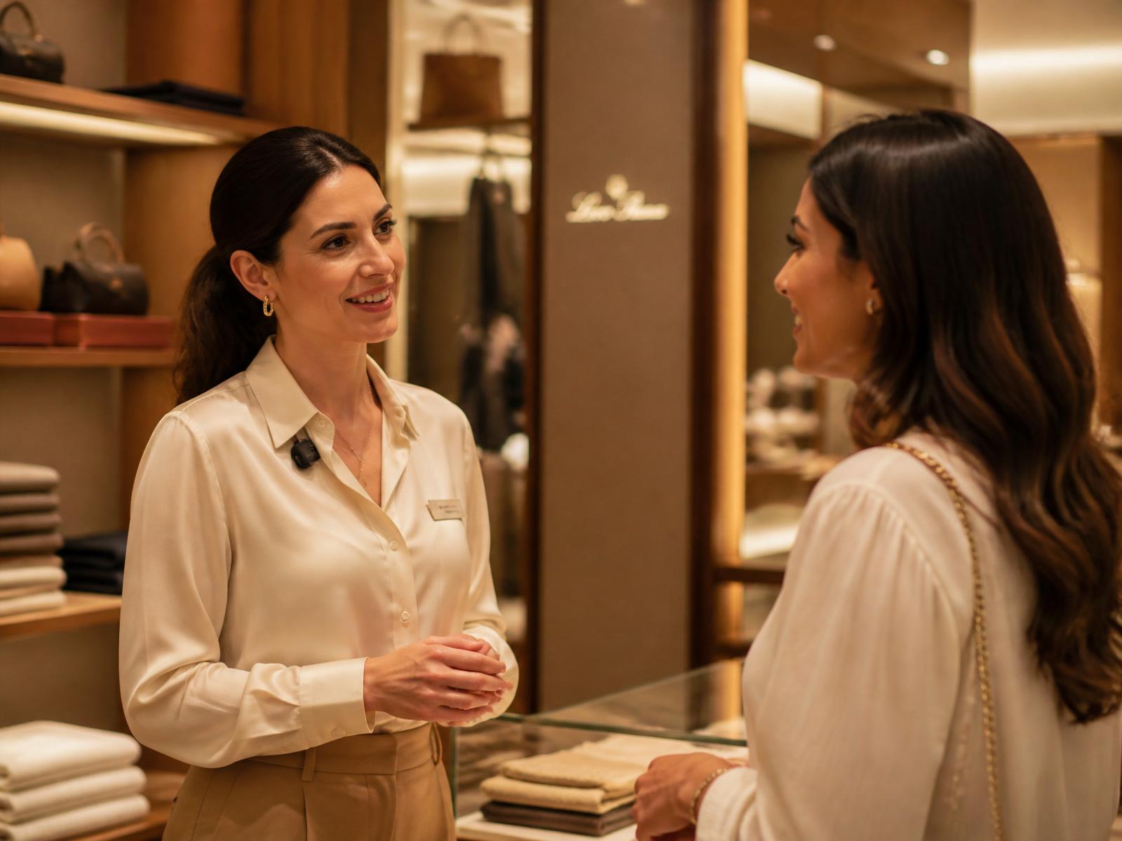 Sales consultant with a discreet wearable microphone speaking with a customer inside a premium boutique