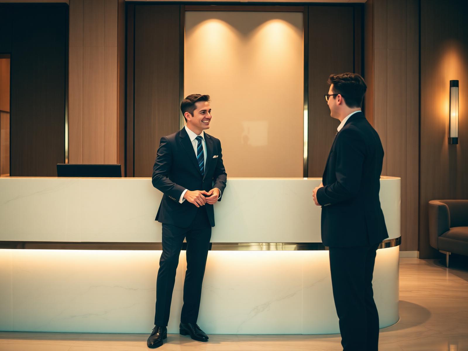 Concierge speaking warmly with a guest at a modern luxury hotel reception