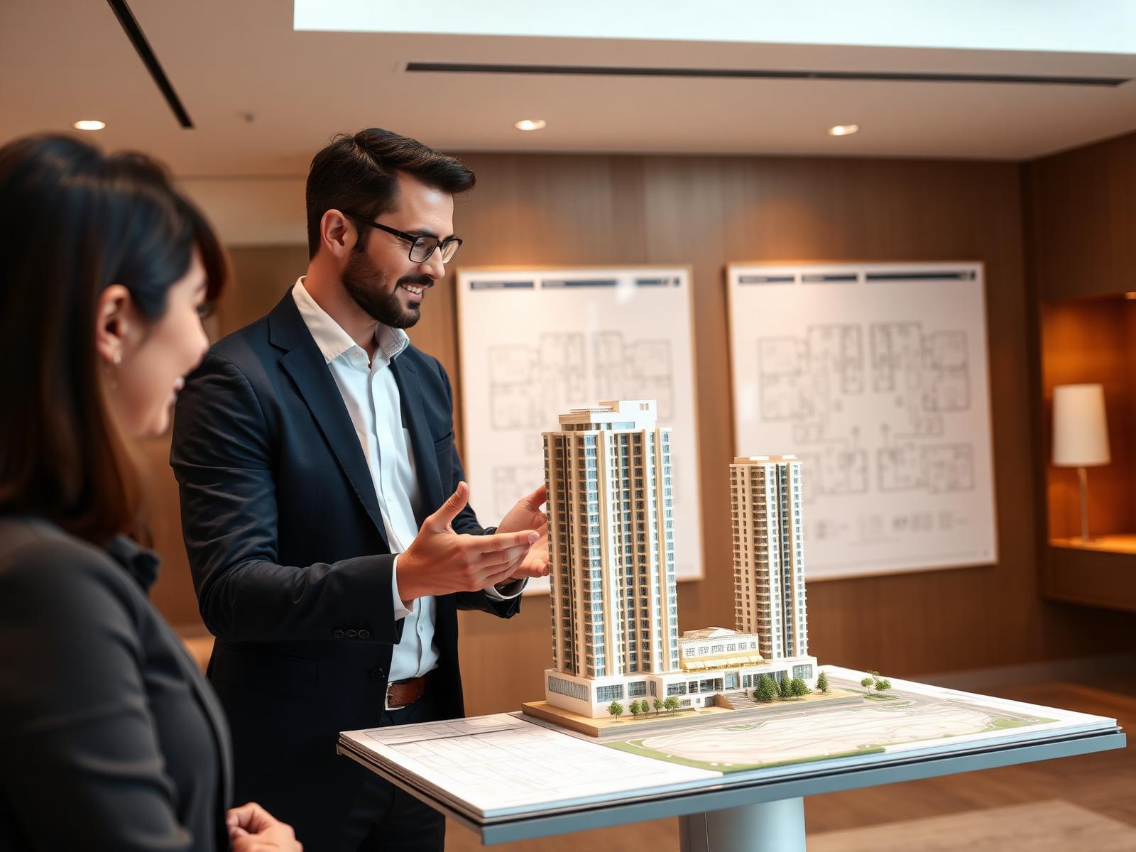 Real estate consultant presenting an architectural model of a residential project to prospective buyers